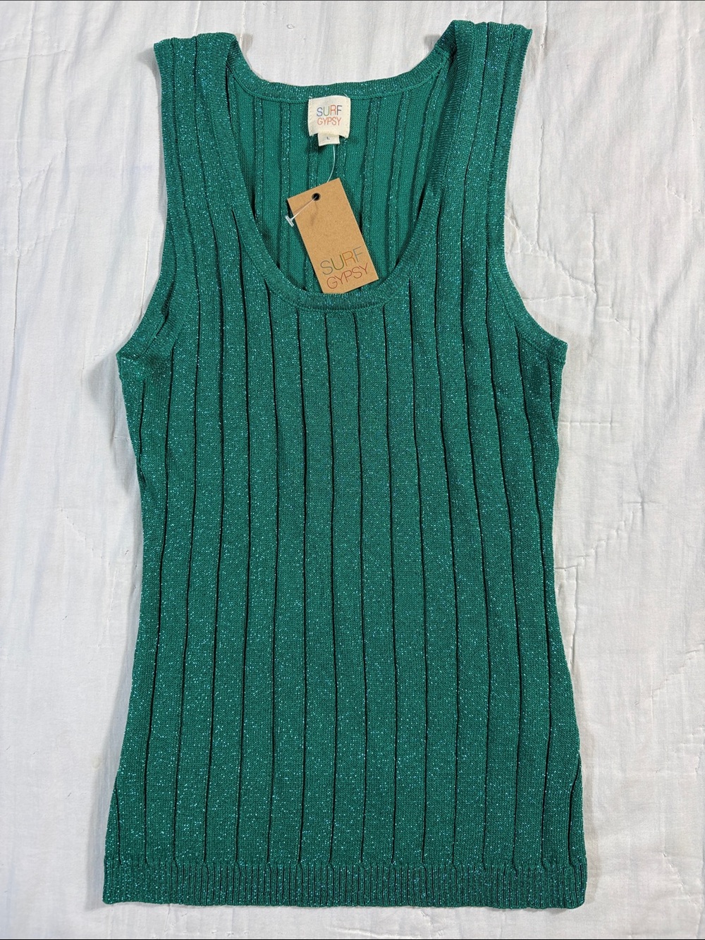 Surf Gypsy Green Metallic Glitter Ribbed Knit Fitted Sweater Tank Top Large NWT